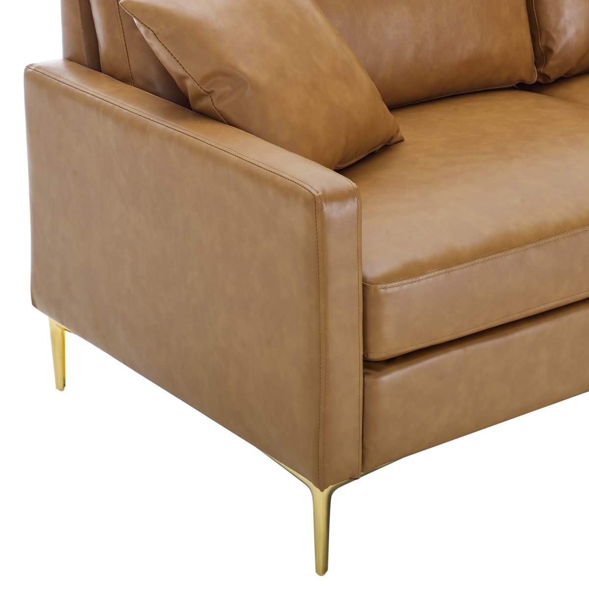 Vegan Leather Sofa with Gold Legs and Throw Pillows in Tan - Living Room Furniture available at Alpine Outlets in Denver