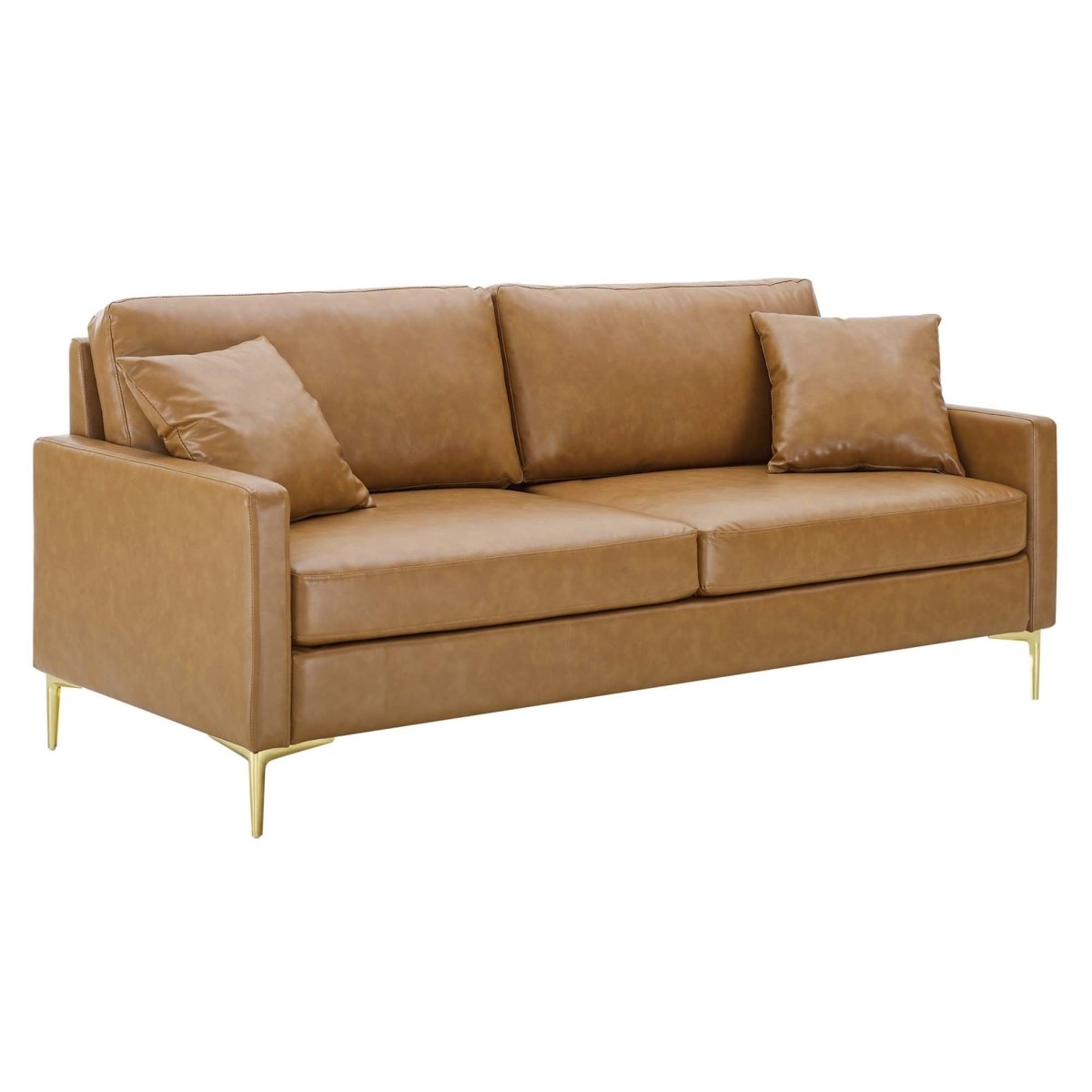 Vegan Leather Sofa with Gold Legs and Throw Pillows in Tan - Living Room Furniture available at Alpine Outlets in Denver