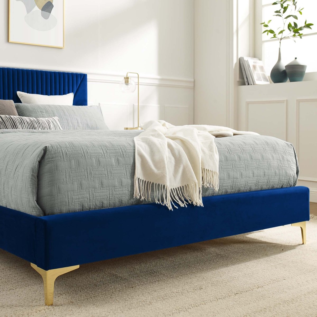 Vertical Channel Tufted Performance Velvet Platform Bed with Gold Legs - Platform Bed available at Alpine Outlets in Denver