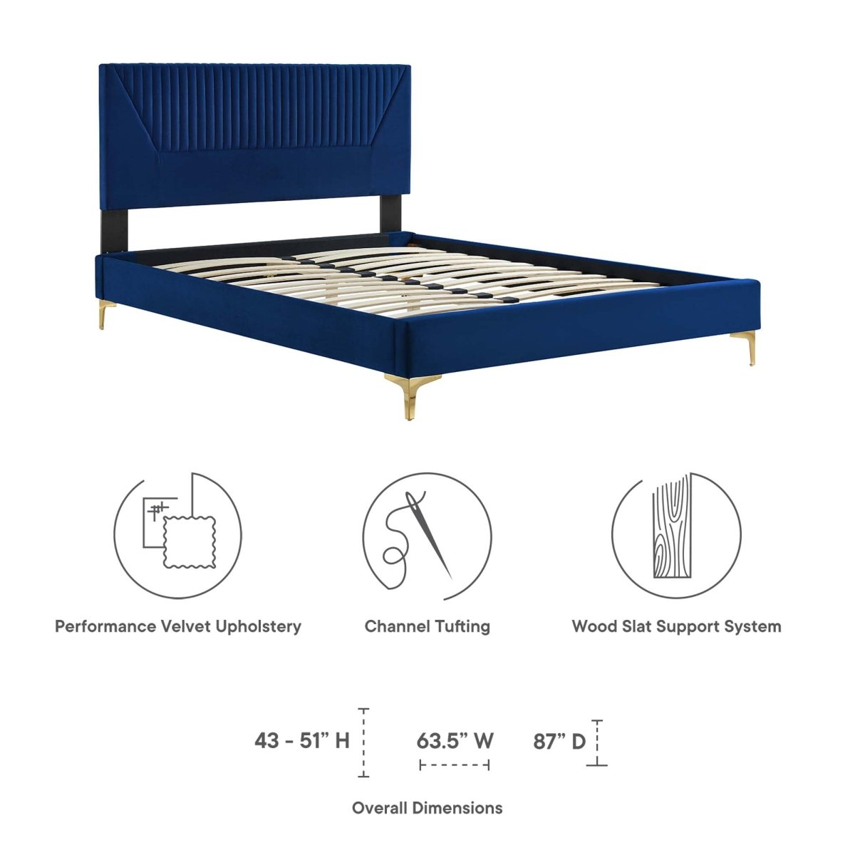 Vertical Channel Tufted Performance Velvet Platform Bed with Gold Legs - Platform Bed available at Alpine Outlets in Denver