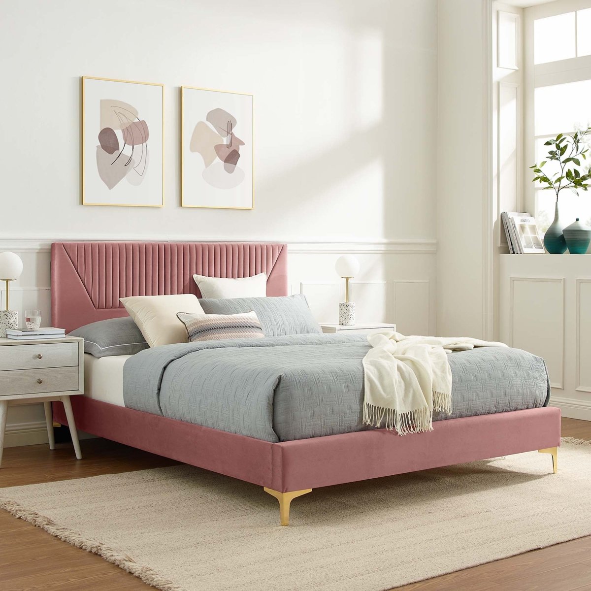 Vertical Channel Tufted Performance Velvet Platform Bed with Gold Legs - Platform Bed available at Alpine Outlets in Denver