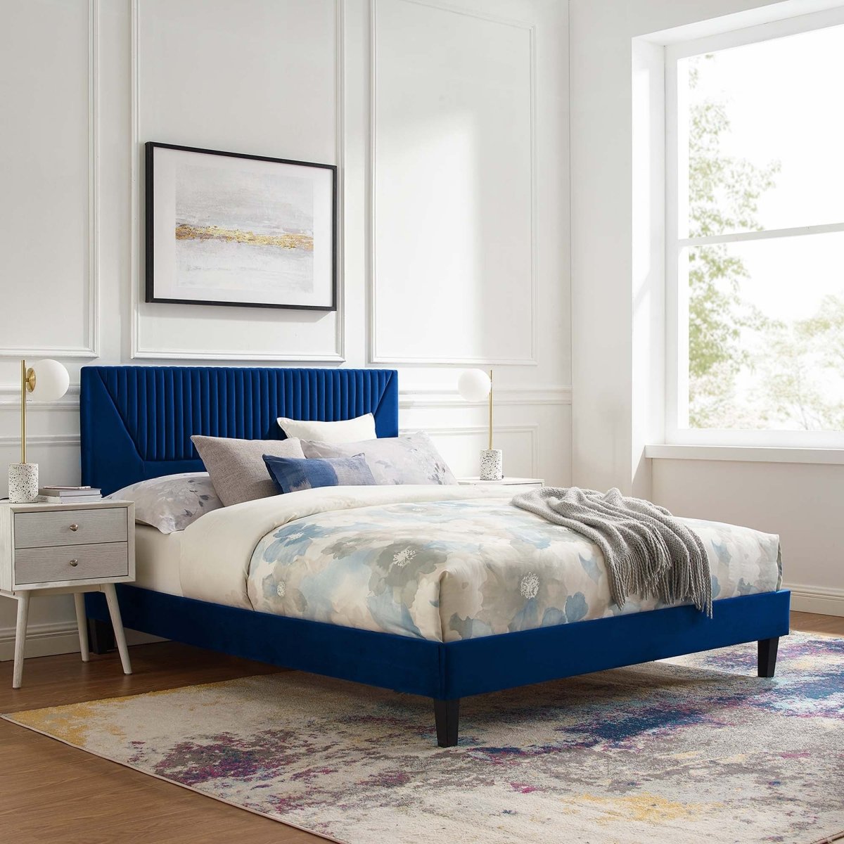 Vertical Channel Tufted Performance Velvet Platform Bed with Tapered Legs - Platform Bed available at Alpine Outlets in Denver