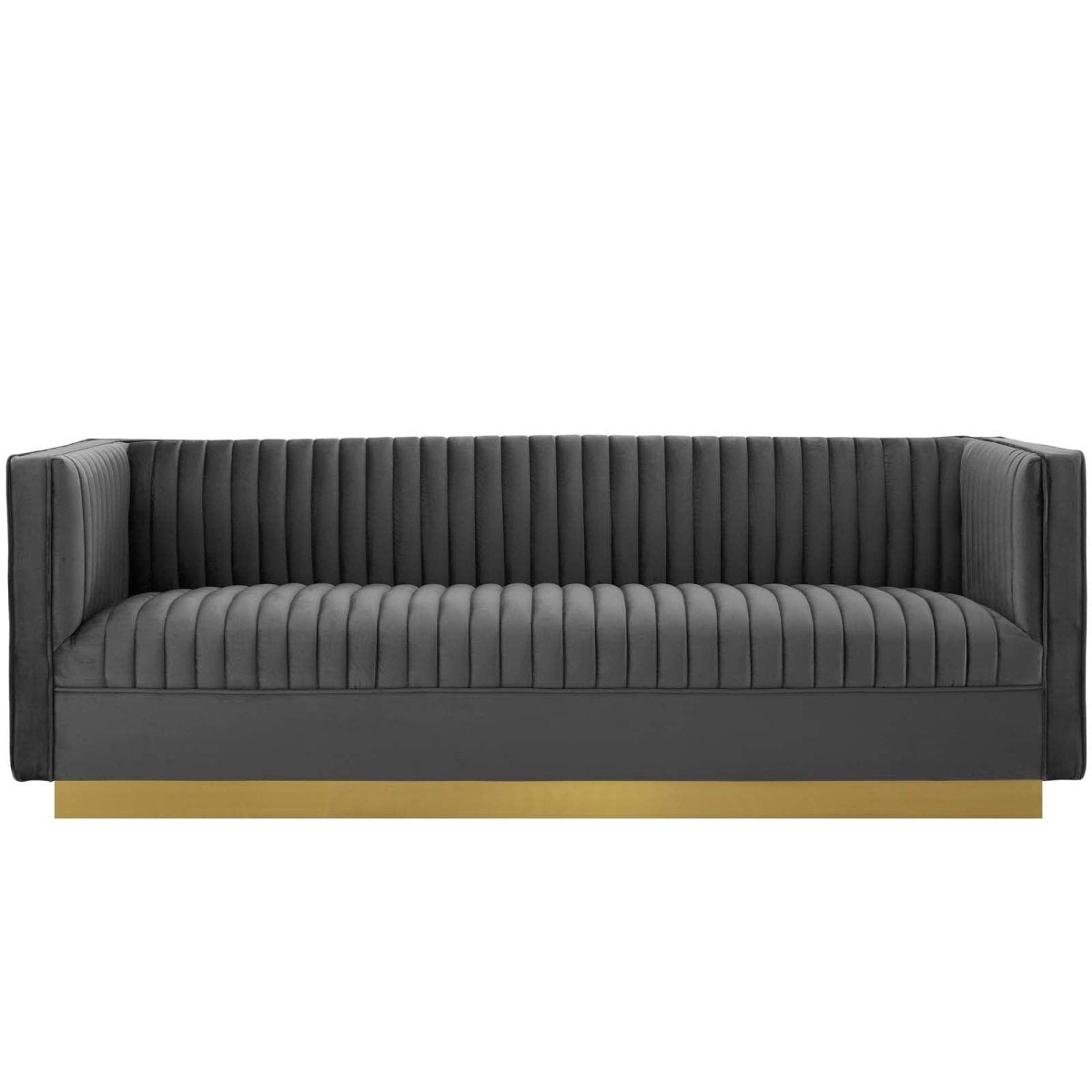 Vertical Channel Tufted Performance Velvet Sofa with Gold Base in Gray - Living Room Furniture available at Alpine Outlets in Denver