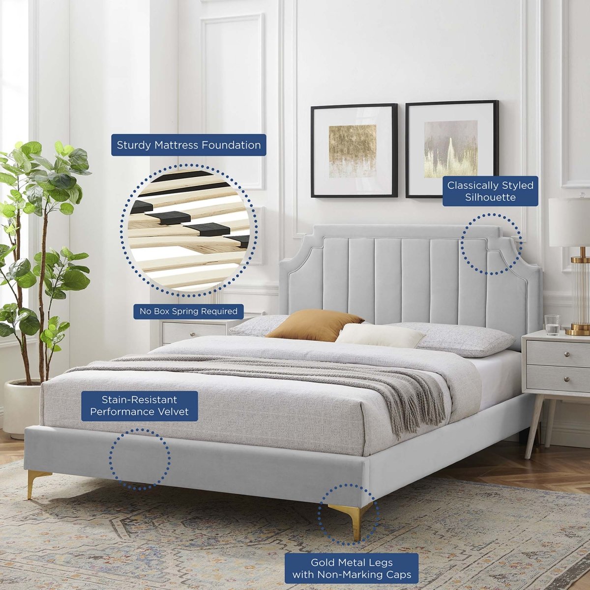 Vertical Tufted Performance Velvet Platform Bed with Gold Legs - Platform Bed available at Alpine Outlets in Denver
