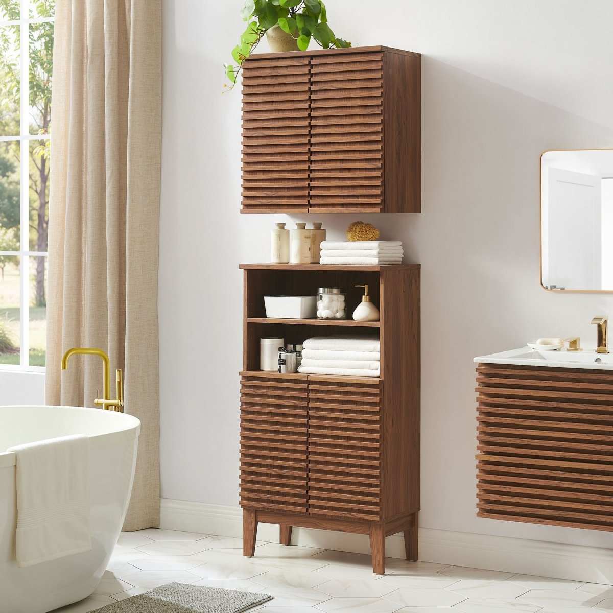 Walnut Bathroom Cabinet Set with Freestanding and Wall-Mounted Storage - Bathroom Fixtures - Alpine Outlets