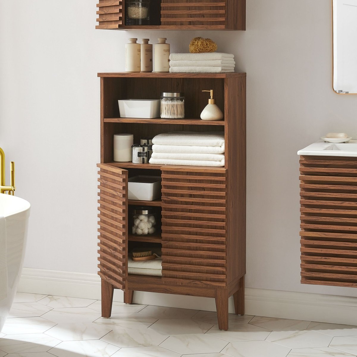 Walnut Bathroom Cabinet Set with Freestanding and Wall-Mounted Storage - Bathroom Fixtures - Alpine Outlets