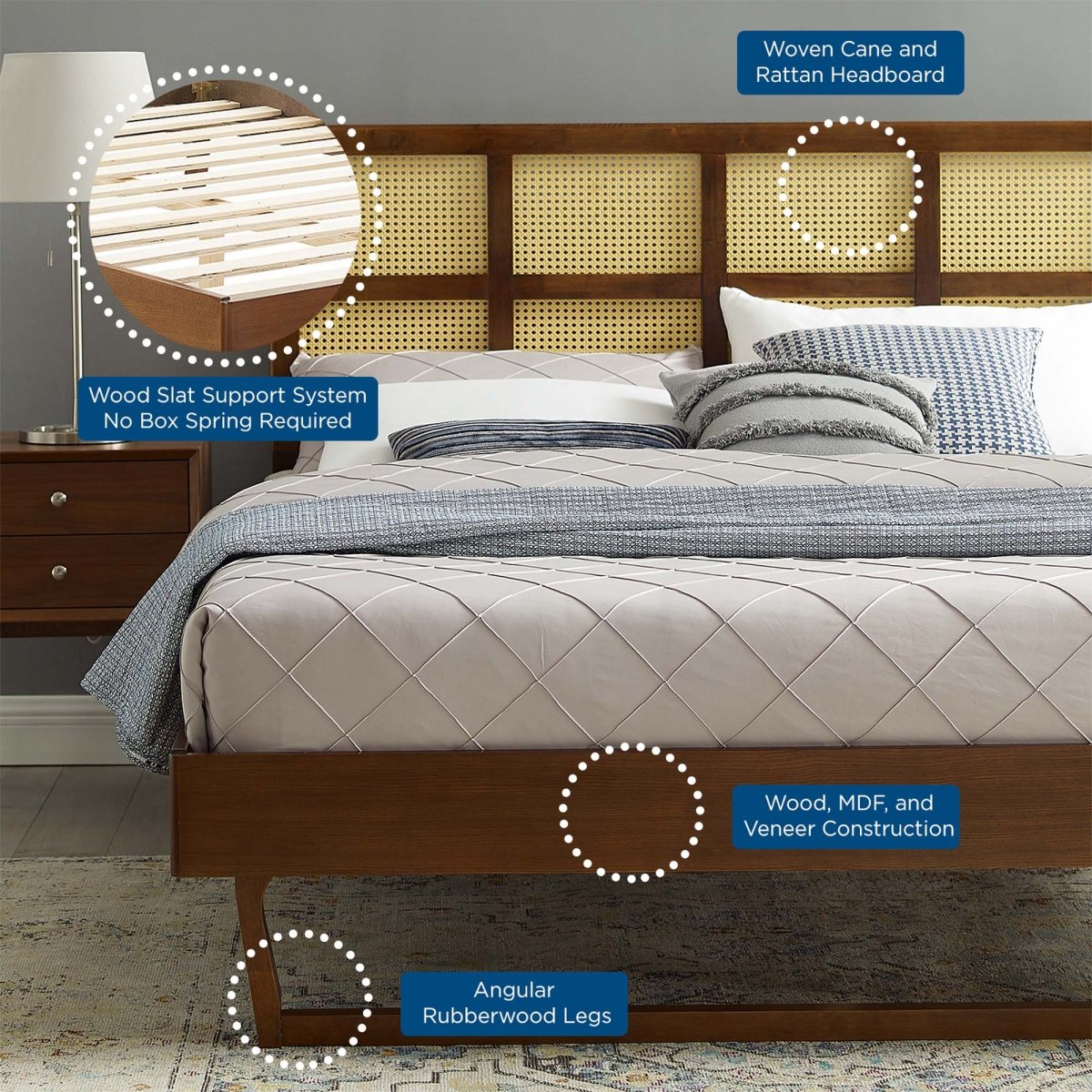 Woven Cane Rattan and Wood Platform Bed with Angular Legs - Platform Bed available at Alpine Outlets in Denver