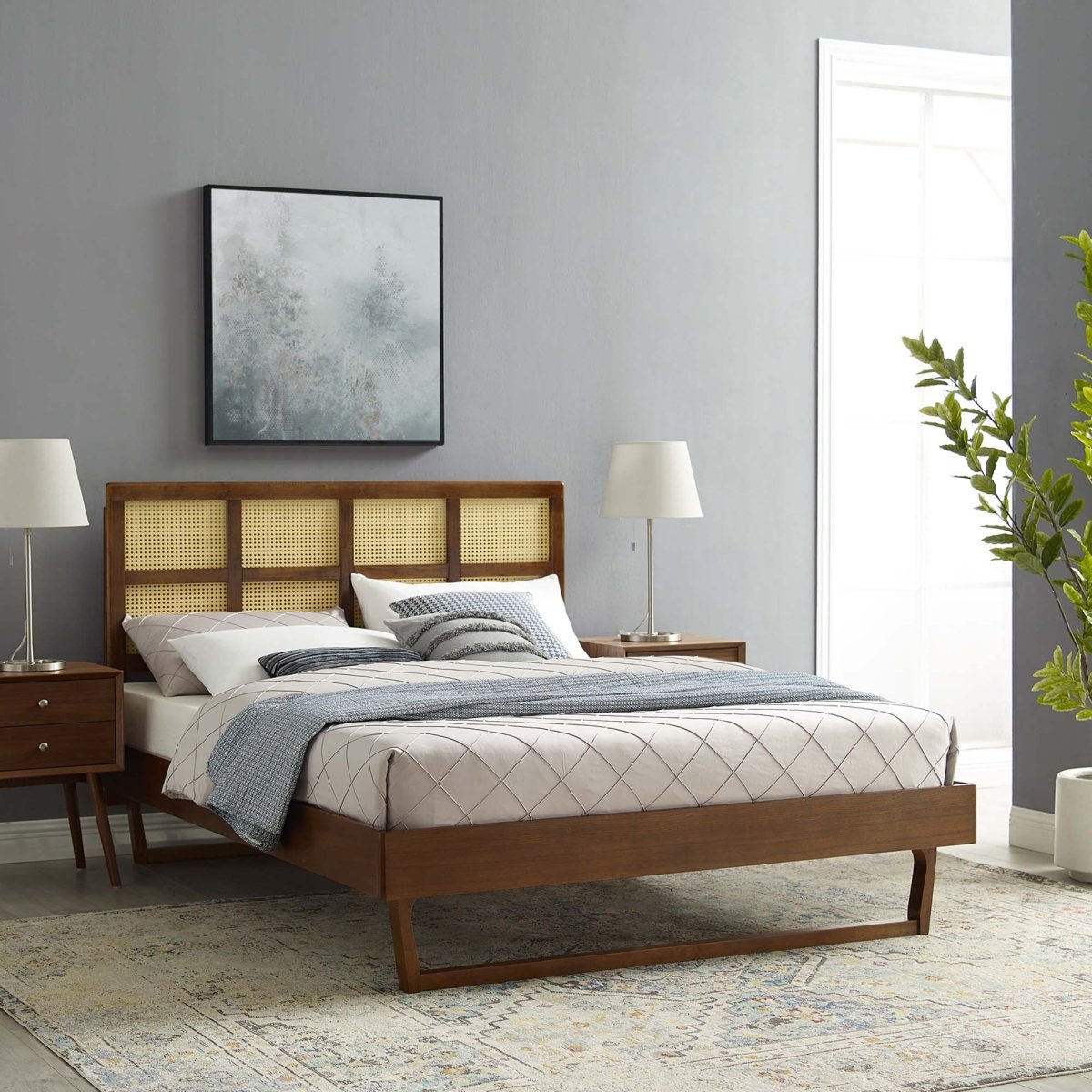 Woven Cane Rattan and Wood Platform Bed with Angular Legs - Platform Bed available at Alpine Outlets in Denver