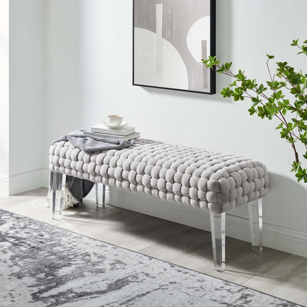 Woven Velvet Bench Ottoman with Acrylic Legs – 50 Inch - Ottomans available at Alpine Outlets in Denver