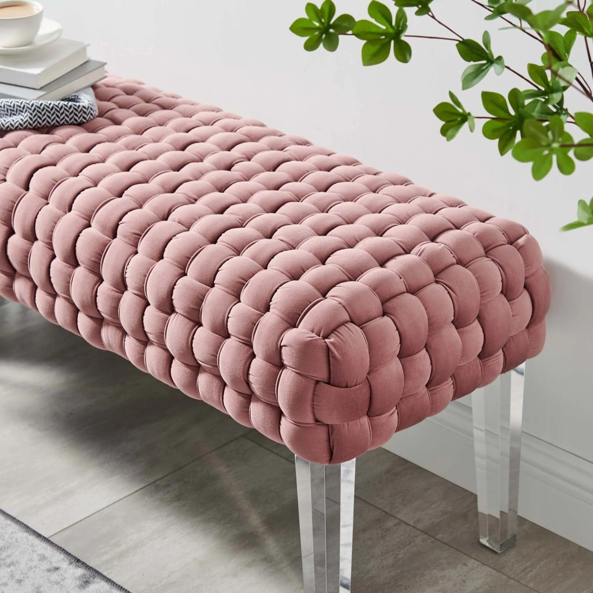 Woven Velvet Bench Ottoman with Acrylic Legs – 50 Inch - Ottomans available at Alpine Outlets in Denver