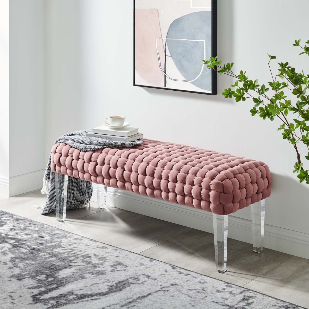 Woven Velvet Bench Ottoman with Acrylic Legs – 50 Inch - Ottomans available at Alpine Outlets in Denver