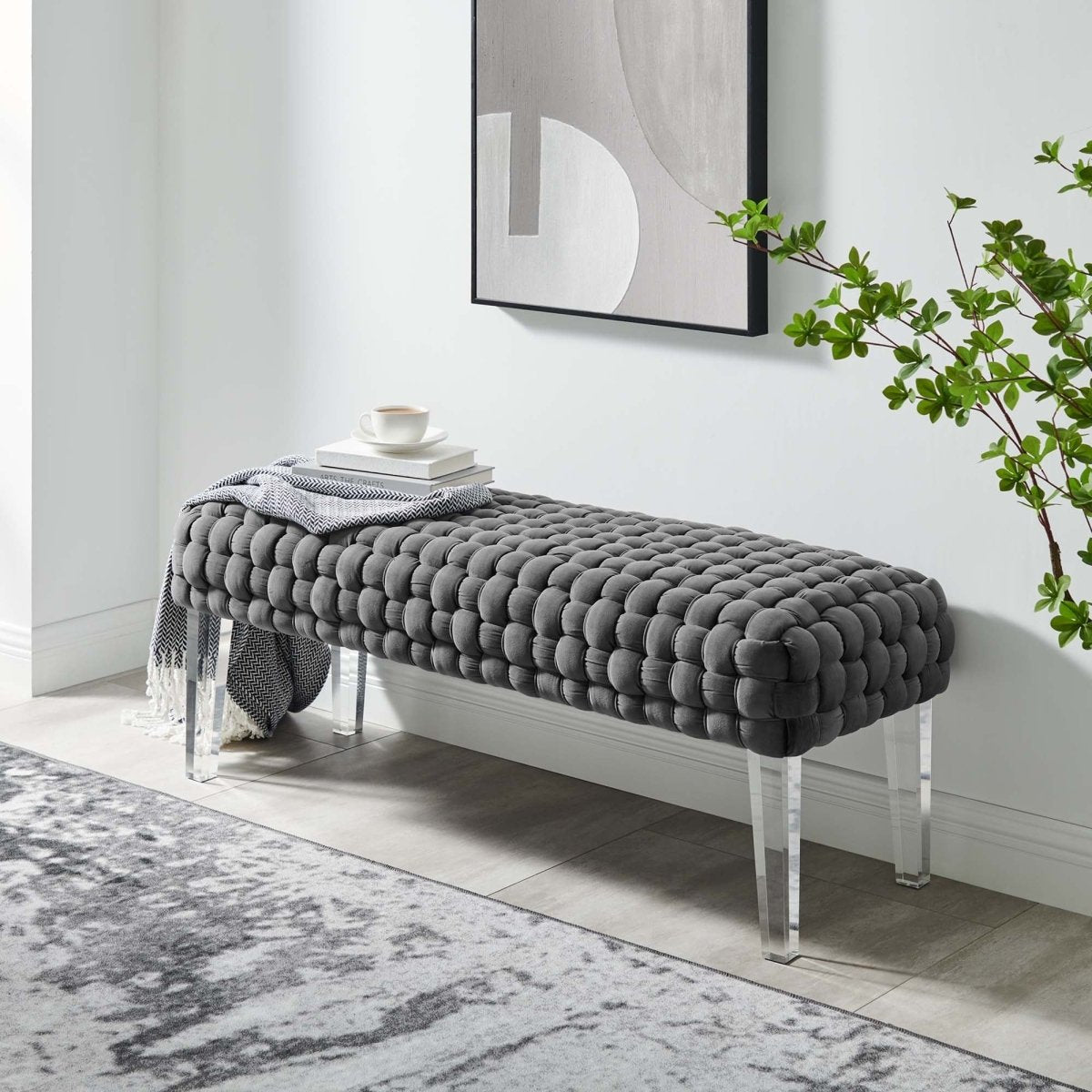 Woven Velvet Bench Ottoman with Acrylic Legs – 50 Inch - Ottomans available at Alpine Outlets in Denver