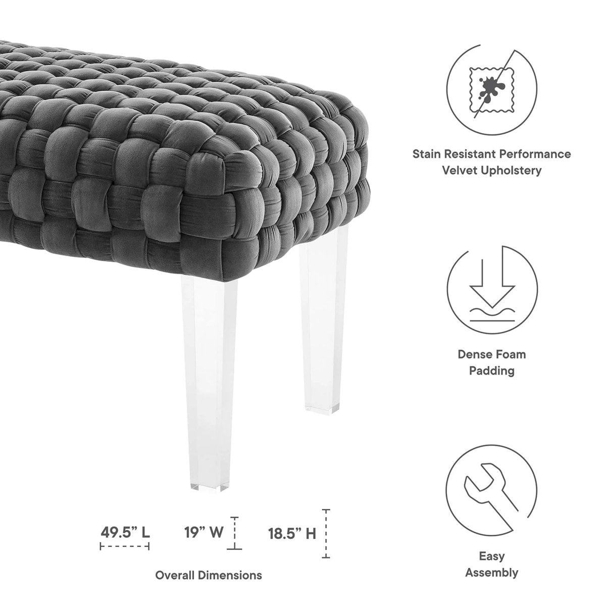 Woven Velvet Bench Ottoman with Acrylic Legs – 50 Inch - Ottomans available at Alpine Outlets in Denver
