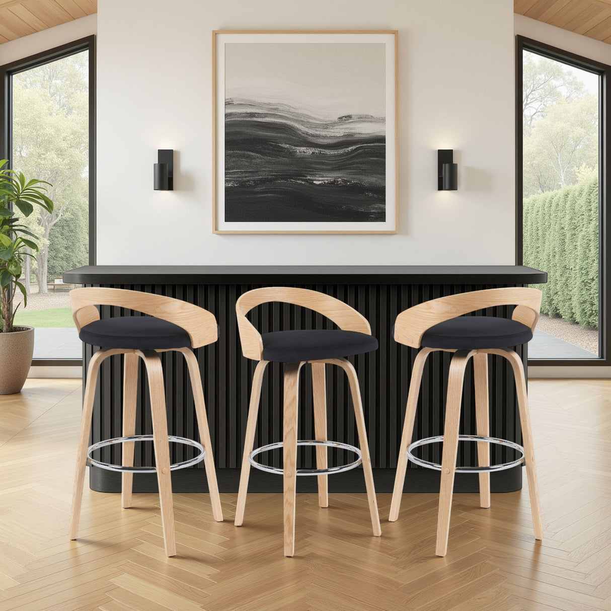 Sonia - Modern Swivel Bar Height Stool - Patterned Oak Wood Finish