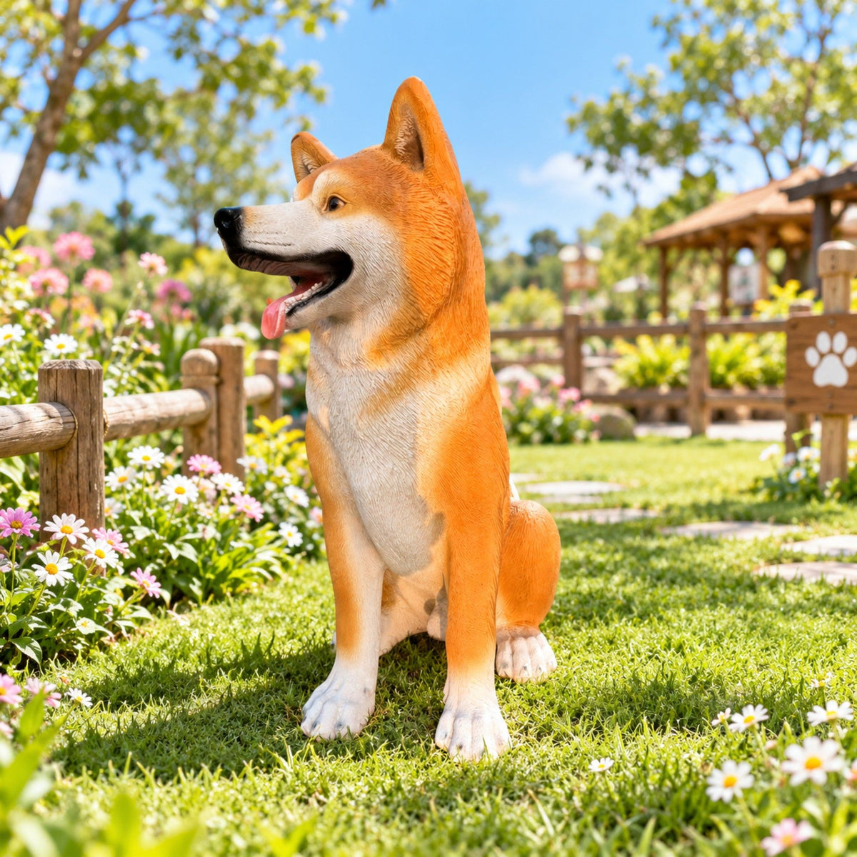 Shiba Inu Dog Statue, Sitting Animal Sculpture For Home Garden - Yellow / White