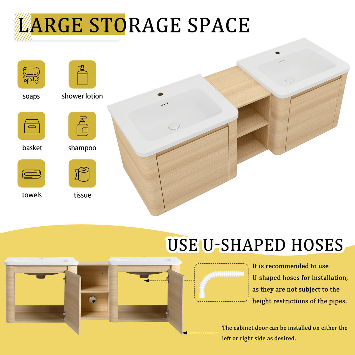 Wall Mounted Bathroom Vanity With Sink And Storage Shelves, Soft Close Doors