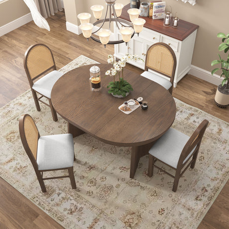 Extendable Round Dining Table Set For 4 With 4 Upholstered Chairs - Beige / Walnut