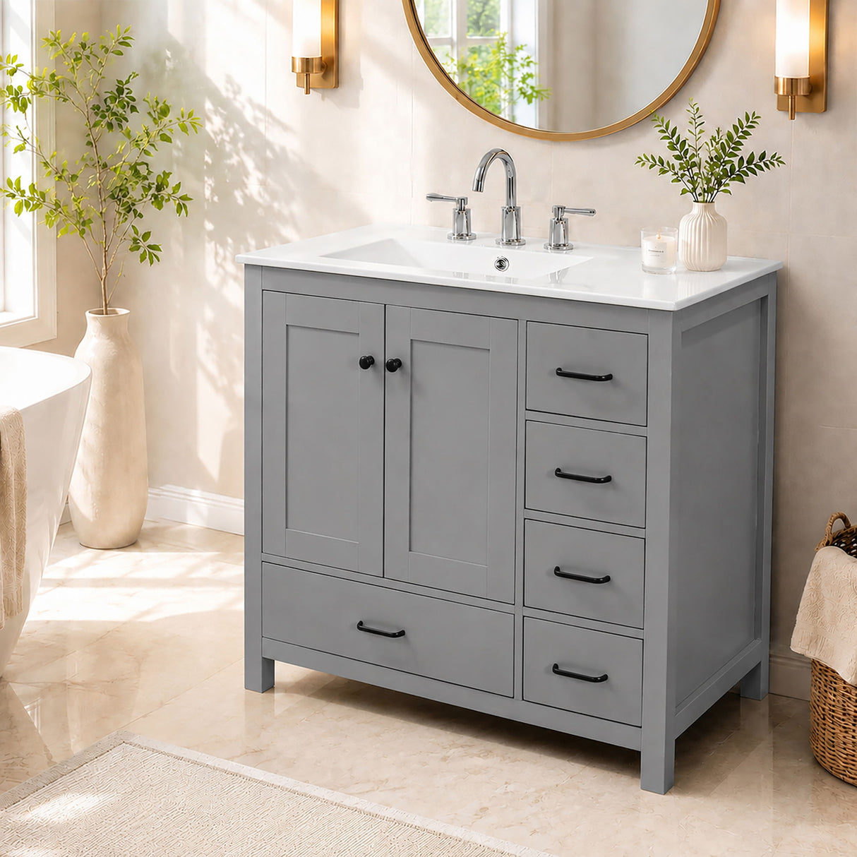 Bathroom Vanity With Sink Combo, 2 Soft Close Doors And 5 Drawers