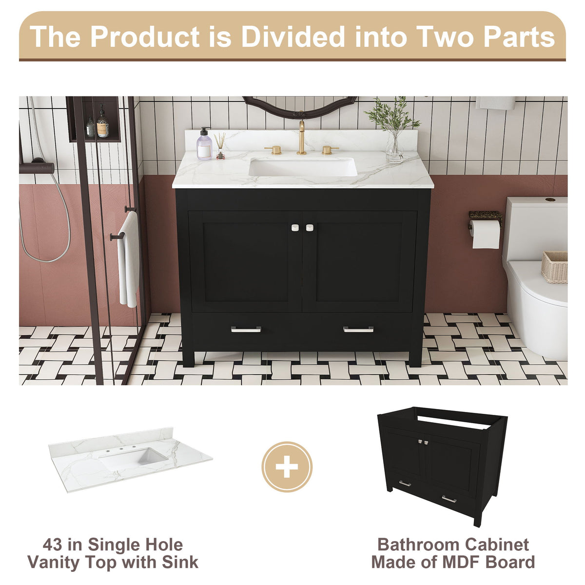 Bathroom Vanity Set, Fluted Cabinet, Soft Close Doors & Drawers, 3 Faucet Holes, Sink Included - Black