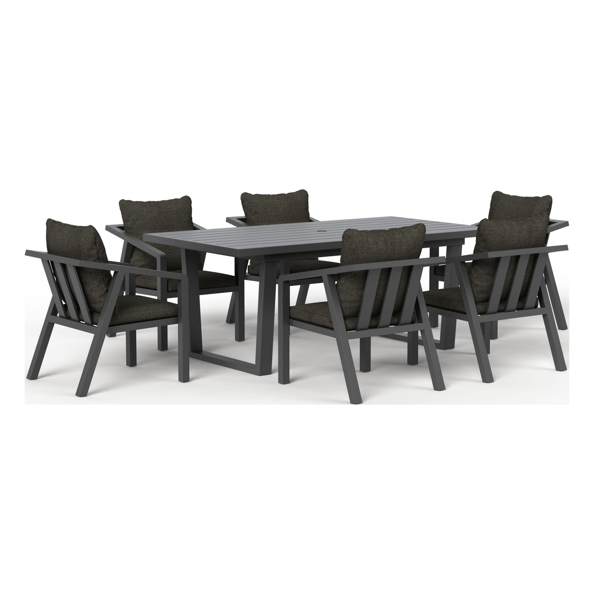 Monarch seven-piece outdoor dining set in Charcoal, front three-quarter view