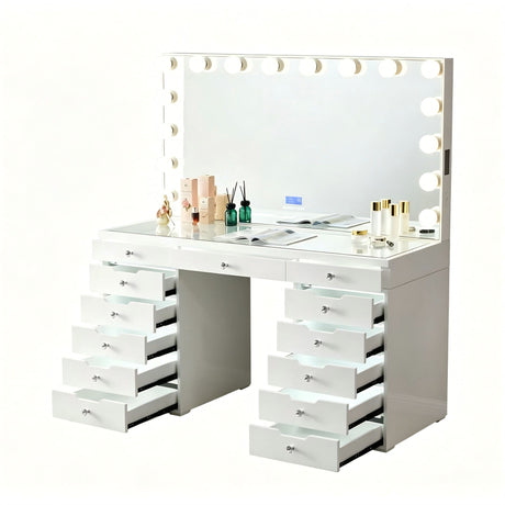 LED Lighted Makeup Vanity Desk With 16 Bulbs Mirror, 13 Drawers Dressing Table For Bedroom - Gloss White