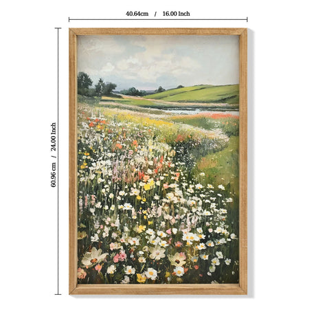 Framed Canvas Prints Art Vintage Decor, Classical Wildflower Field Meadow Flowers Painting - Green / Ivory