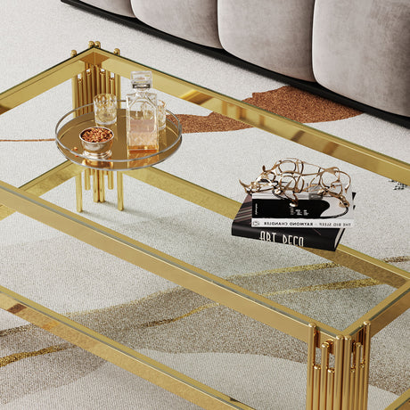 Coffee Table With Double Tier, Rectangular Design - Gold