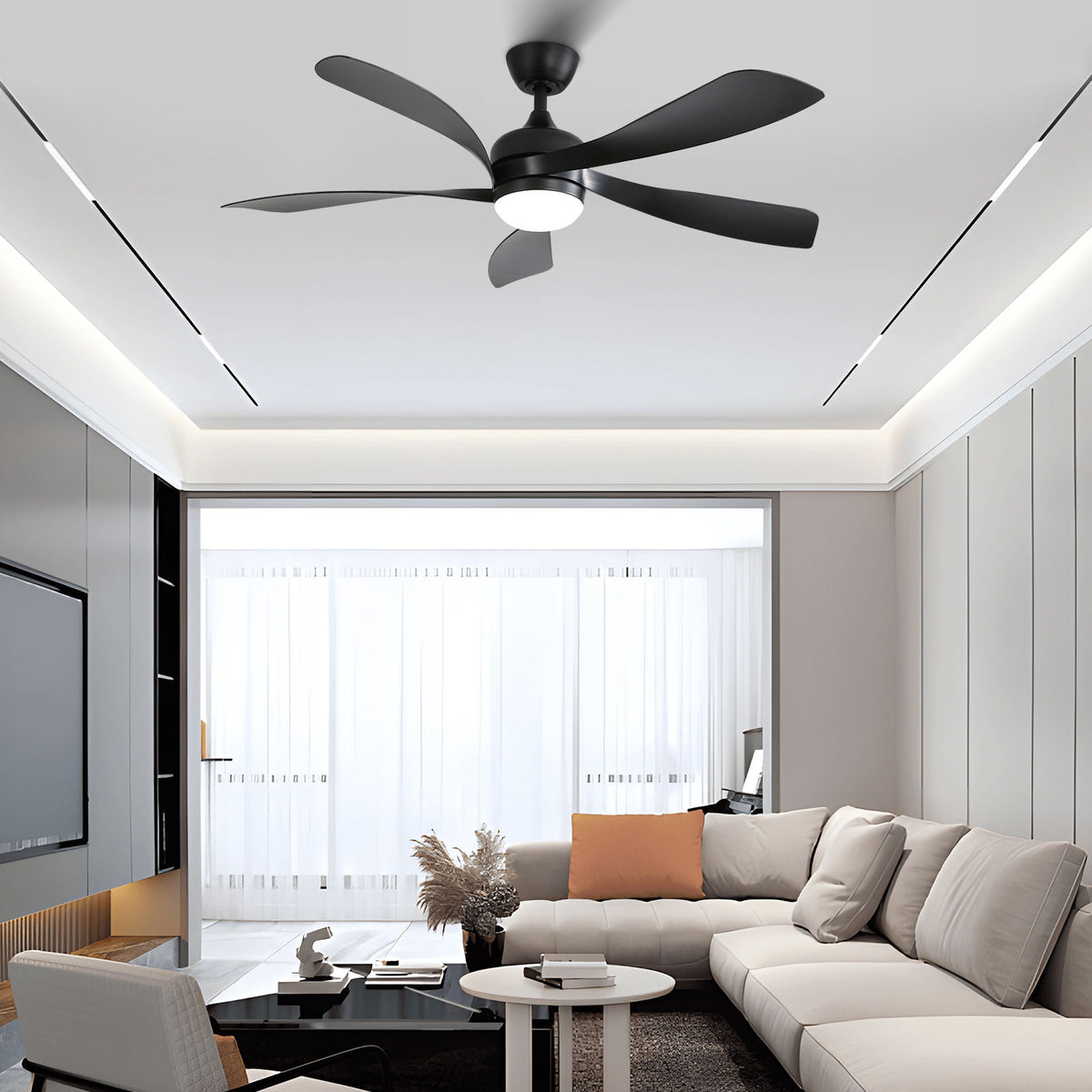 52" Ceiling Fan With 3 Color Dimmable LED Light, 5 Blades, Remote Control, Reversible DC Motor