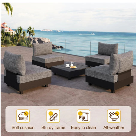 Modular Armless Chairs With Coffee Table For Garden (Set of 2) - Gray