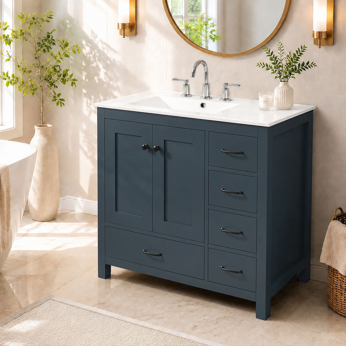 Bathroom Vanity With Sink Combo, 2 Soft Close Doors And 5 Drawers