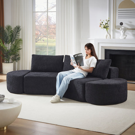 V - Shaped Modular Sofa Set & 3 Pillows And 2 Curved Ottomans For Living Rooms - Black