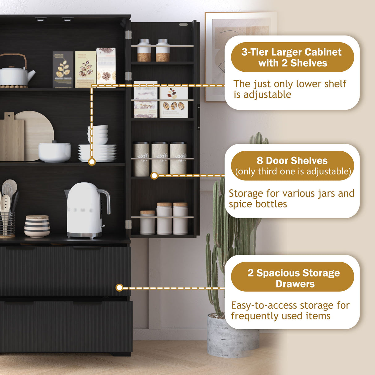 Fluted Kitchen Pantry Cabinet With 2 Large Drawers & 8 Door Spice Rack