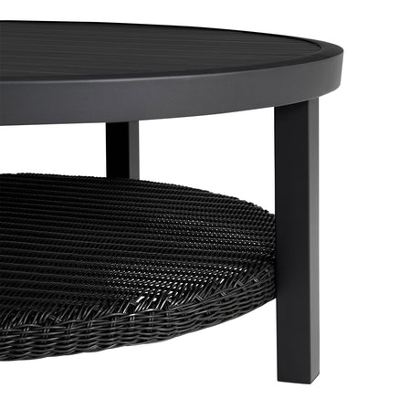 Cayman - Black Aluminum Outdoor Round Conversation Table With Wicker Shelf