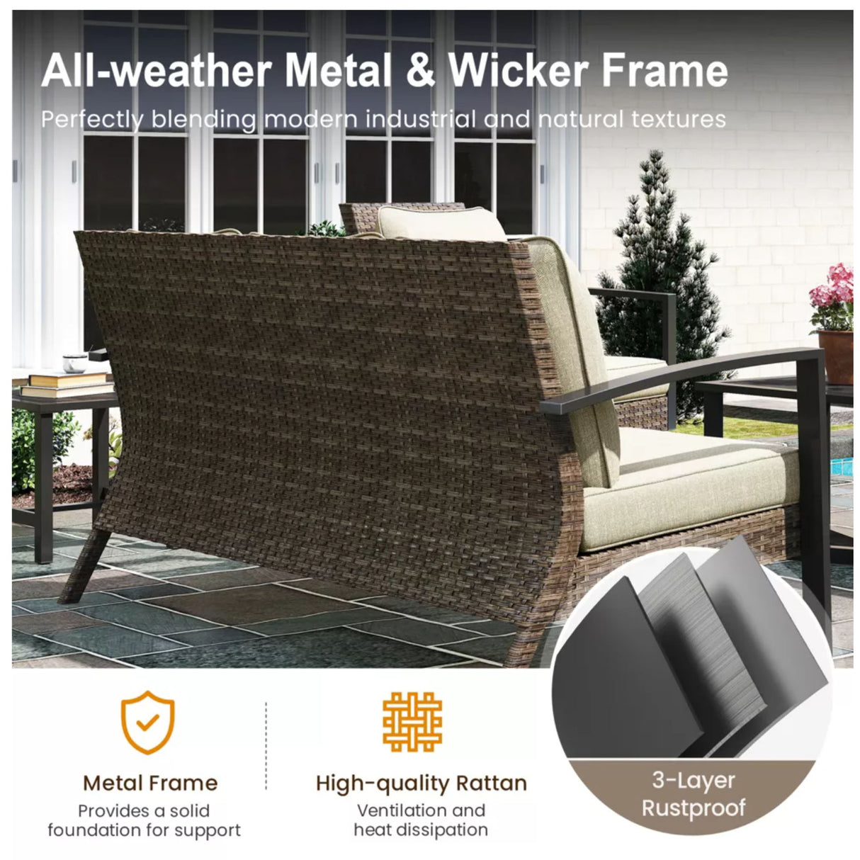 2 Piece Patio Set With Cushions & Coffee Table