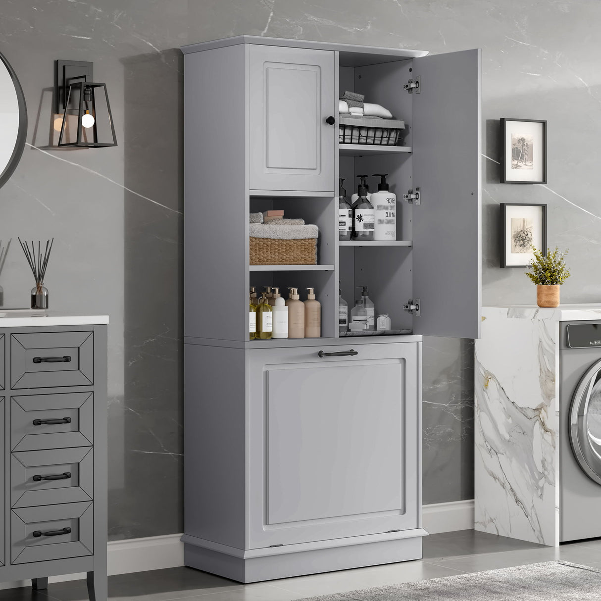 Modern Tall Storage Cabinet With Adjustable Shelves, Flip-Out Basket & Enclosed Doors