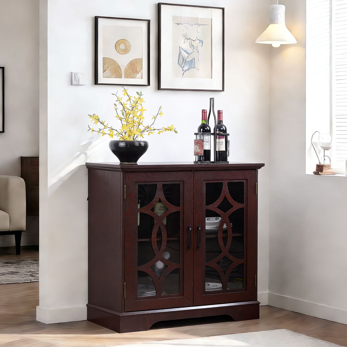 Modern Sideboard With Tempered Glass Doors - Ox Blood Red