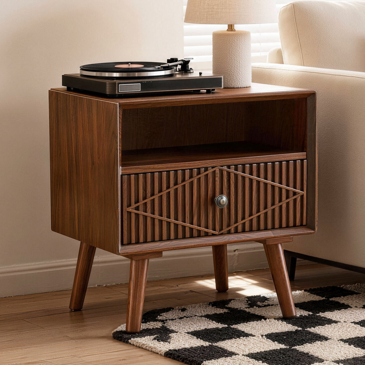 Nightstand With Carved Geometric Drawer Front, 1 Drawer And Open Shelf, Bedside Table For Bedroom - Walnut