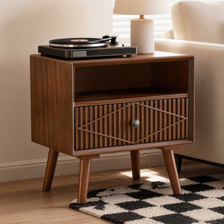Nightstand With Carved Geometric Drawer Front, 1 Drawer And Open Shelf, Bedside Table For Bedroom - Walnut