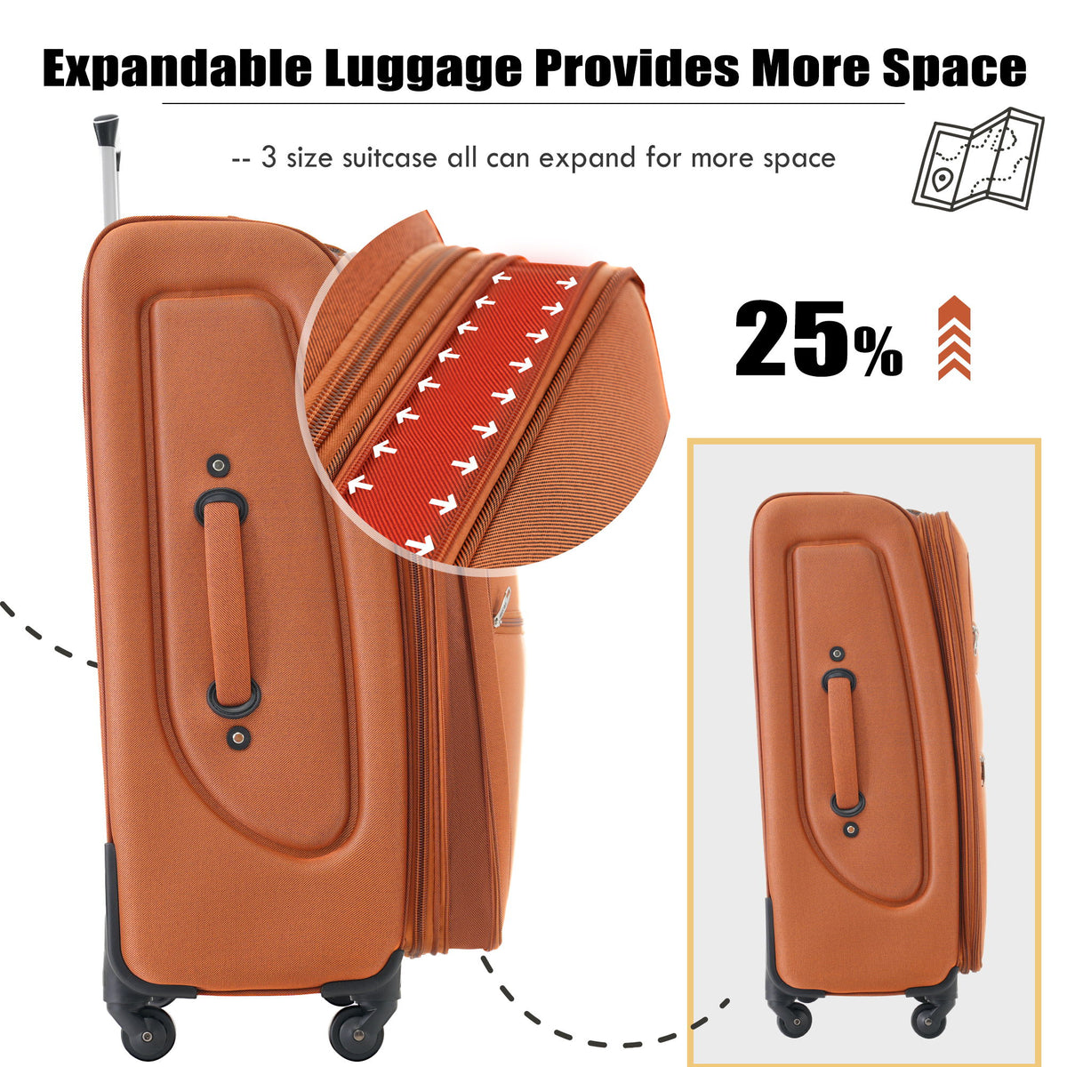 Softside Luggage Expandable 3 Piece Set Upright Spinner Lightweight Travel Suitcase 22" / 26" / 30" - Orange