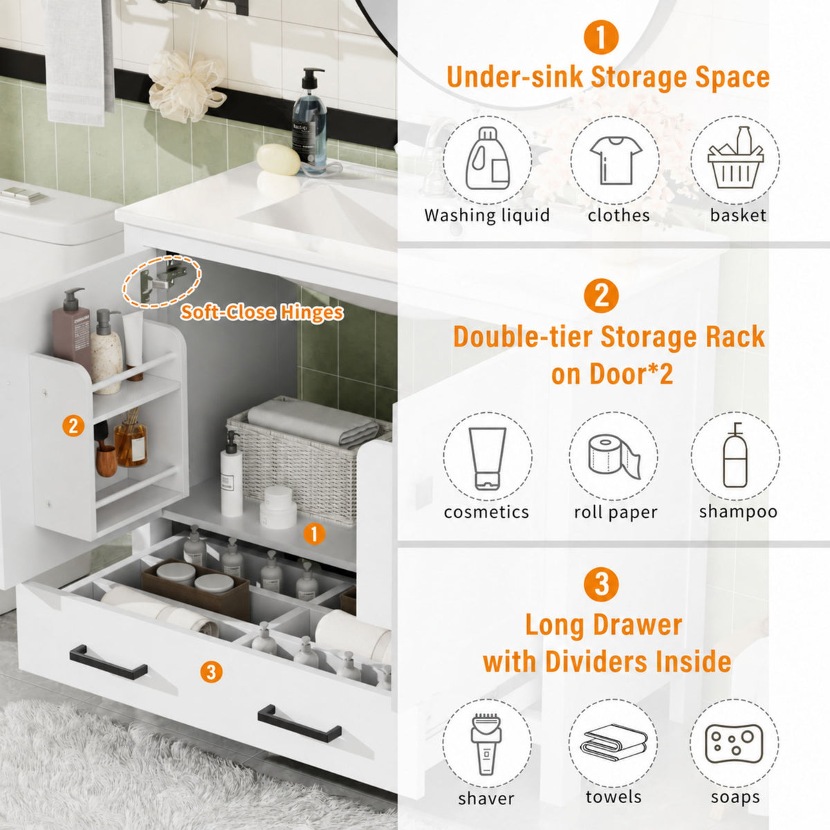 Bathroom Vanity With Sink, Soft Close Doors, Double Shelves & Divided Drawer