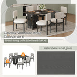 Dining Table Set With 6 Upholstered Chairs, Rectangular Table With Cutout Legs