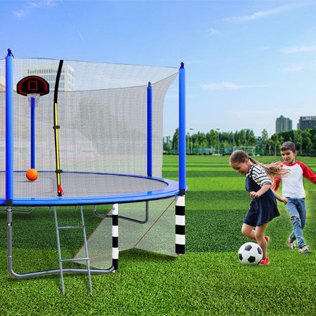 16Ft Trampoline With Basketball Hoop Pump And Ladder (Inner Safety Enclosure) With Soccer Goal - Blue