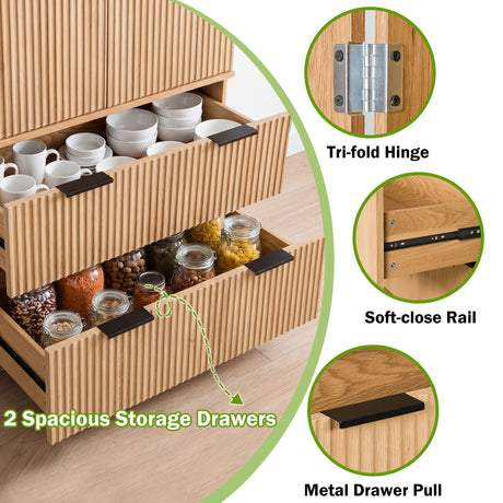 Fluted Kitchen Pantry Cabinet With 2 Large Drawers & 8 Door Spice Rack Freestanding Storage Organizer - Oak