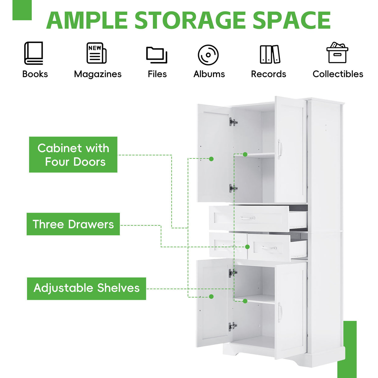 Tall Bathroom Storage Cabinet With 4 Doors 3 Drawers Adjustable Shelves - White