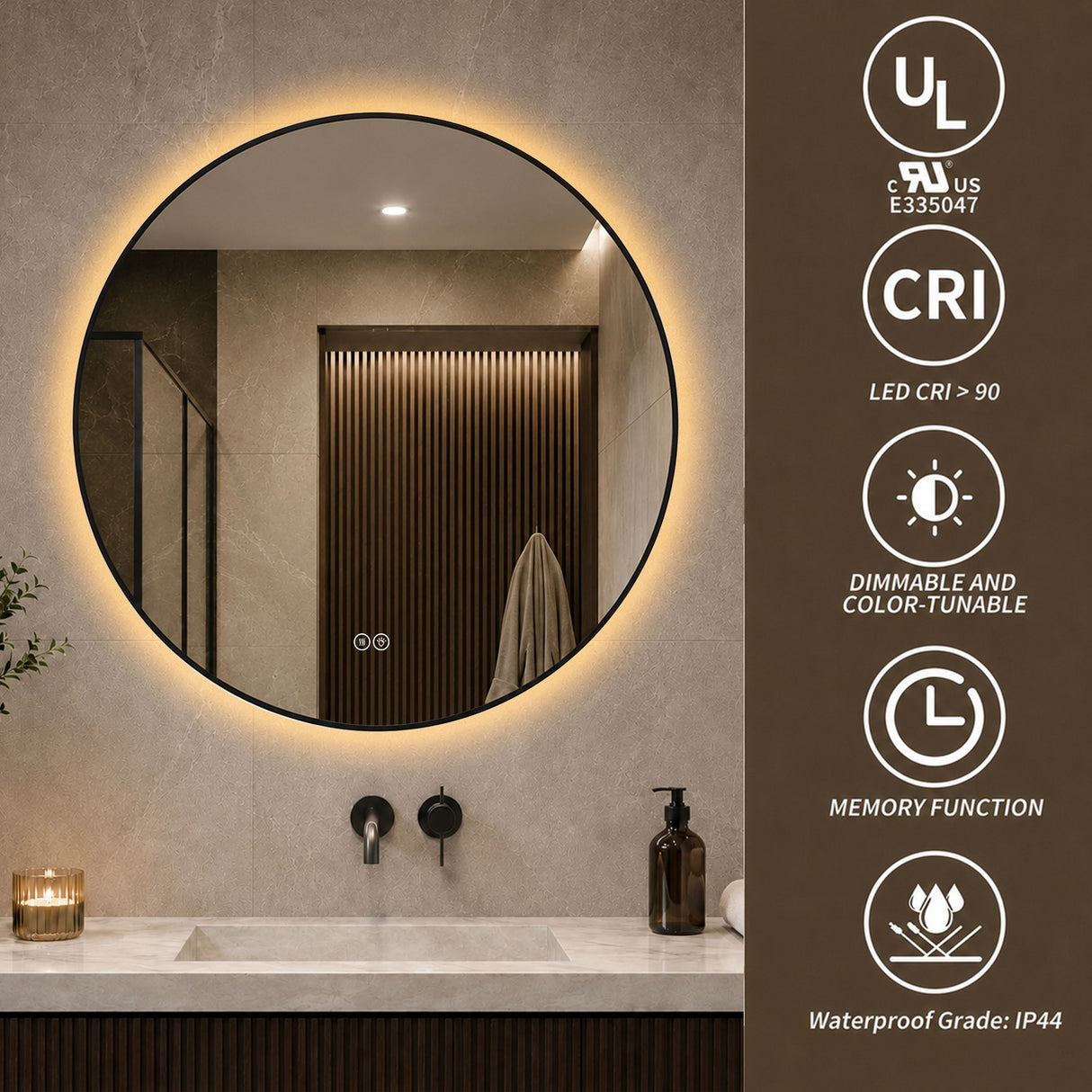 Round Framed Dimmable ED Bathroom Mirror With Anti Fog