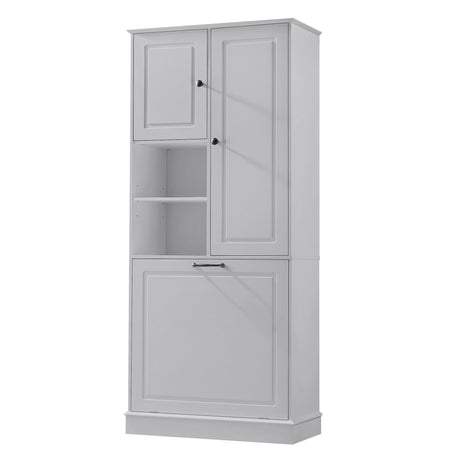 Modern Tall Storage Cabinet With Adjustable Shelves, Flip-Out Basket & Enclosed Doors