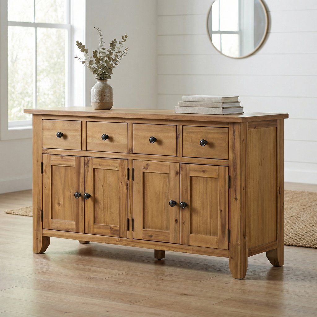 Sideboard Storage Cabinet Farmhouse Style Wood 55x32in Light Brown
