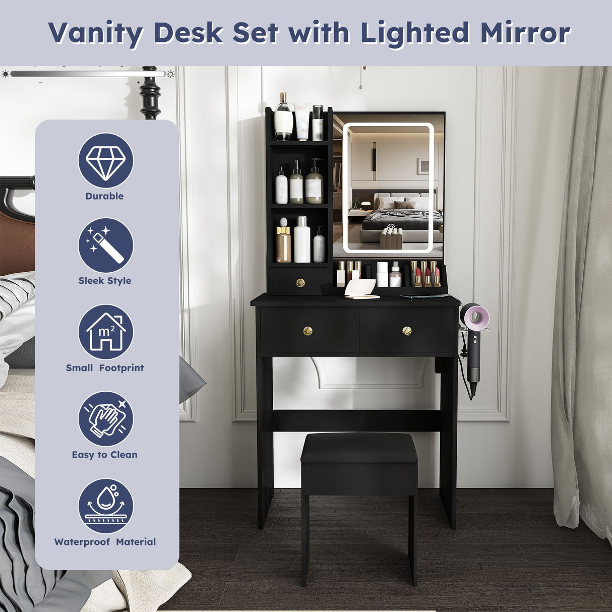 Modern Small Vanity Desk With 3 LED Lighting Modes, 3 Drawers
