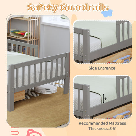 Twin Size Bed With Headboard Storage Rack, 2 Under Bed Drawers, 3 - Side Guardrails For Safety And Security - Gray
