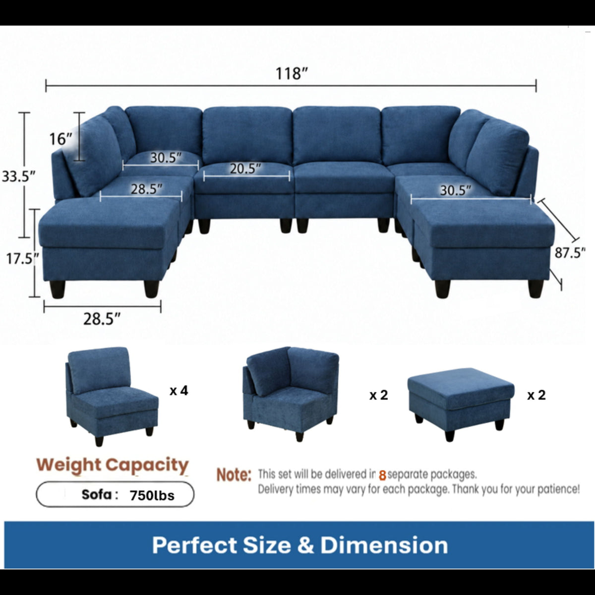 8 Piece Modular U - Shape Sectional Sofa